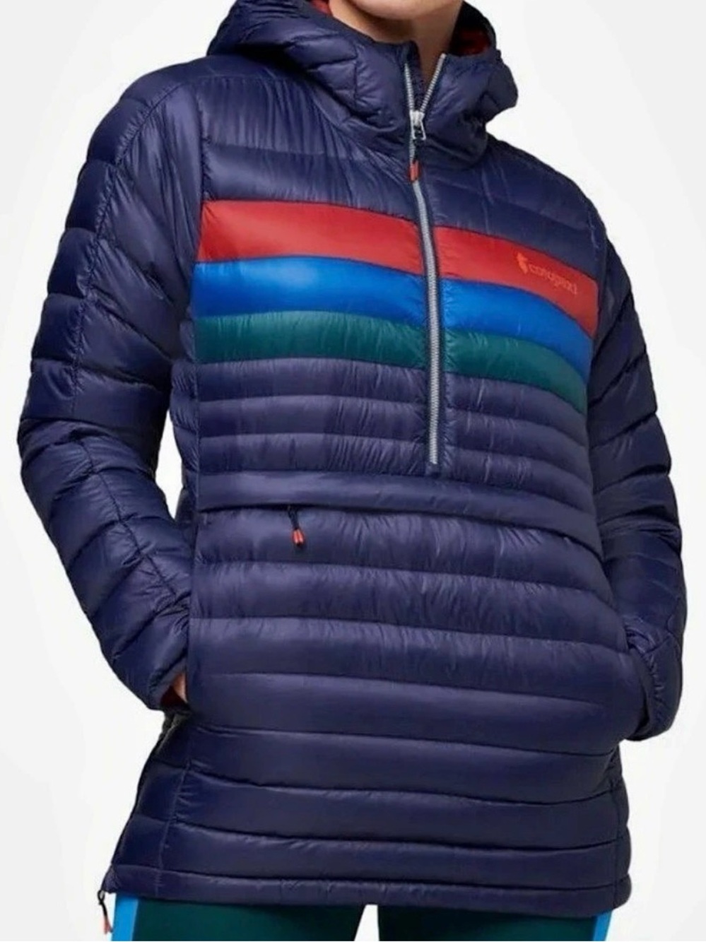 Cotopaxi Fuego Down Hooded Pullover Blue & Red, Woman’s L, Like New